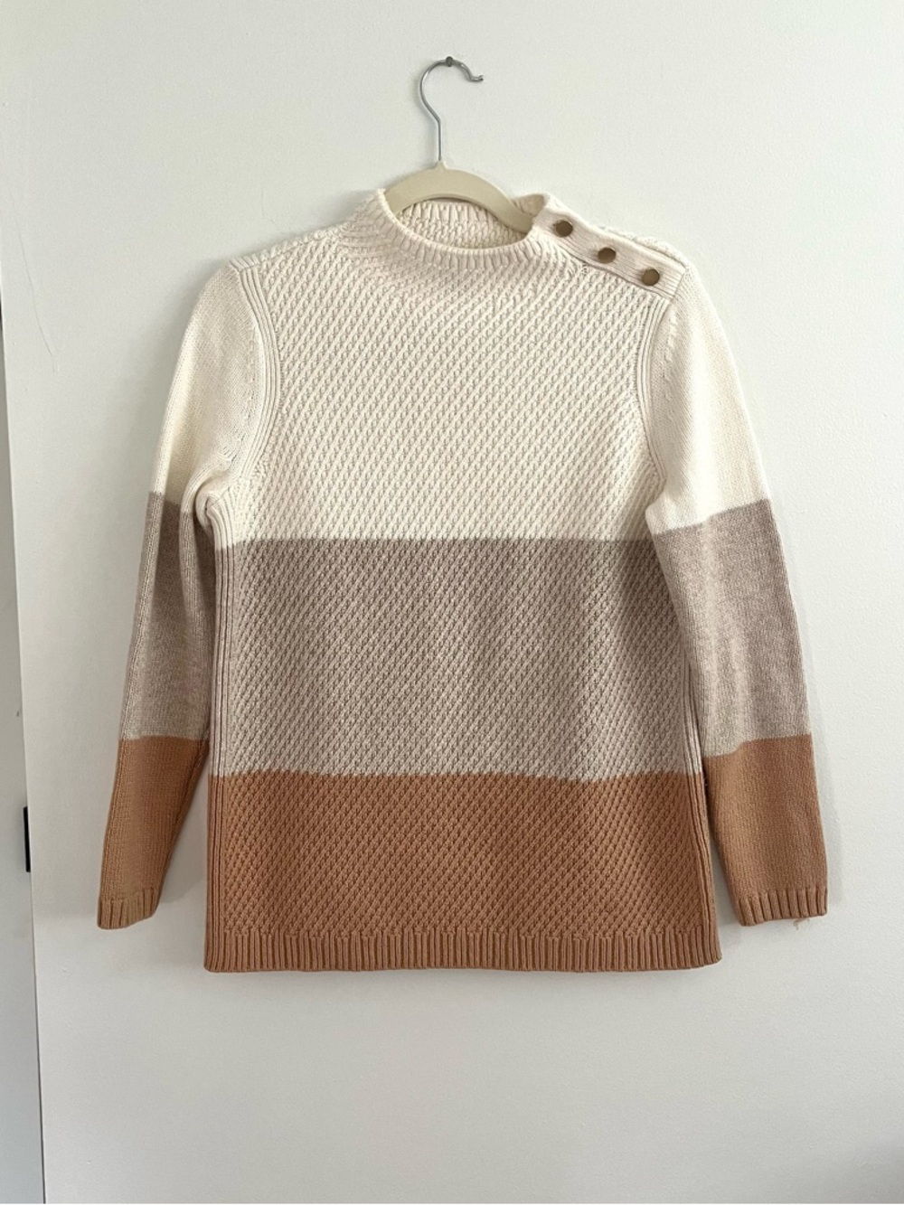 Talbots Colorblock Cream & Tan Cozy Knit Mockneck Sweater with Shoulder Buttons